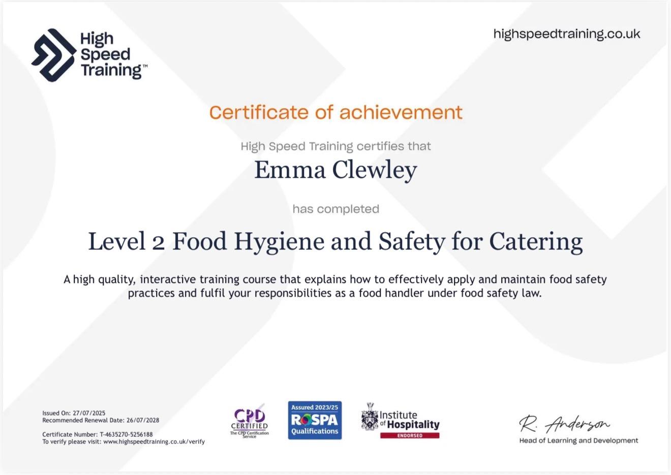 Emma Clewley — Level 2 Food Hygiene and Safety for Catering certificate